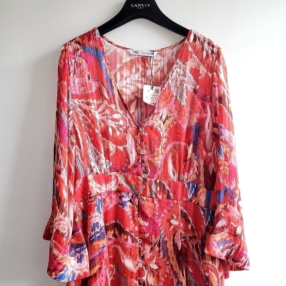 New ZARA SS21 Metallic Thread Printed Dress Multicolored NWT Size Large - Picture 9 of 13